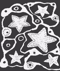 Doodle Stars. Abstract background. Black and white vector illustration. Modern template or print. Grunge wallpaper. Blackboard imitation. Graffiti style.