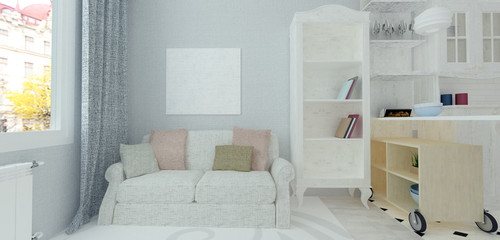 Lounge area in small cozy flat with modern sofa and decor