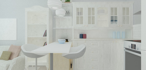 Small kitchen in modern studio flat in Scandinavian style and white colors