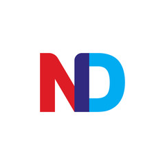 Initial letter ND, overlapping transparent uppercase logo, modern red blue color