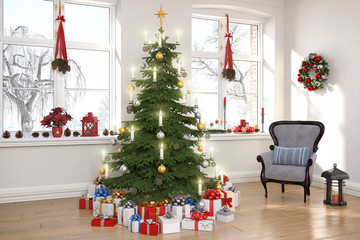 3d render of a nordic living room with christmas decoration and christmas tree.