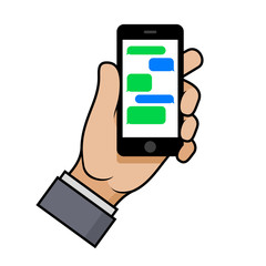 Hand Holding a Smartphone with Chat Bubbles on Phone Screen. Vector