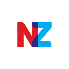 Initial letter NZ, overlapping transparent uppercase logo, modern red blue color