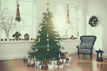 3d render of a nordic living room with christmas decoration and christmas tree in retro look.