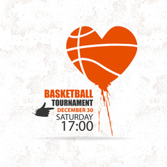 Vector basketball, grunge, splashes, hand drawing, textures. Love, flying heart, spray, element for sports design.