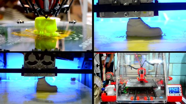 4 in 1! Many objects printed by 3d printer. Fused deposition modeling, FDM. Progressive modern additive technology. Concept 4.0. Multicam split screen group video wall collage montage composite.