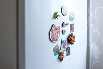 Different magnets on a white refrigerator in the kitchen. Closeup