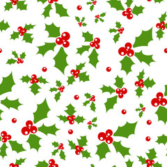Holly berry. Seamless background with holly berries. Celebration christmas pattern. Vector illustration.