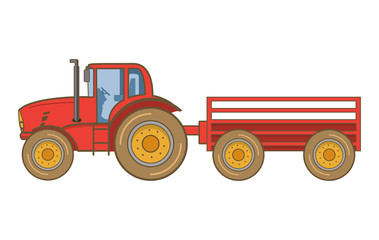 Tractor farm with trolley.Heavy agricultural vehicles machinery for field work.Cartoon vector illustration in flat design  
 cabin
