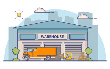 Warehouse the building for storage.A city landscape with skyscrapers.The truck and  loader forklift boxes.Loading of freights in car body.The vehicle with wheels on delivery goods.In flat a vector

