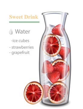 Hydrating detox water drink. Strawberry and red orange flavor. Realistic fresh beverage in a glass jar