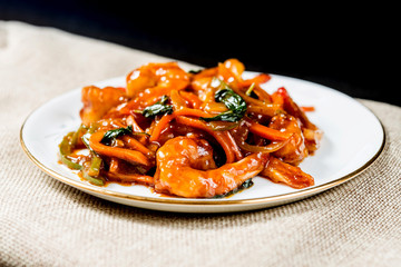 wok fried Shrimp stir fry with sweet peppers and chinese vegetables