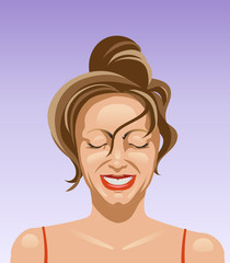 Cartoon smiling girl character with brown hair on sky backdrop. Vector illustration.