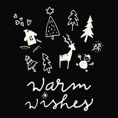 Warm Wishes. Merry Christmas calligraphic hand drawn greeting card in black and white. Vector illustration
