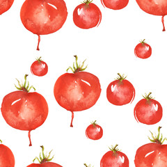      Watercolor red tomatoes on a white background. Seamless pattern, background. Art illustration, illustration, logo. Watercolor painting. 