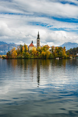 Morning at lake Bled with church on an island at autumn