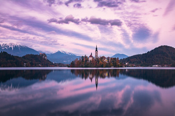 Sunset at lake bled with a church on an island