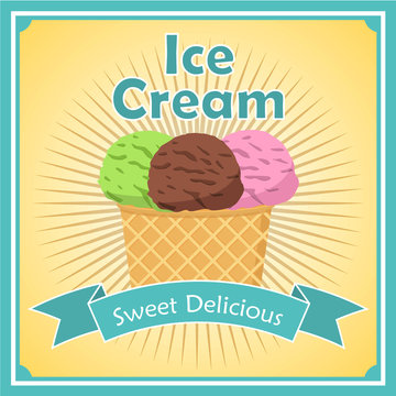 Ice cream delicious balls strawberry, chocolate, pistachio. Summer dessert waffle cup.A poster for cafe or a banner for the website in flat style a vector.leaflet cartoon design