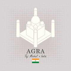 Vector travel banner. Schematic drawing of the taj mahal in Agra with the inscription and the indian flag on abstract background