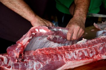 Pig slaughtering ceremony in the Hungarian countryside