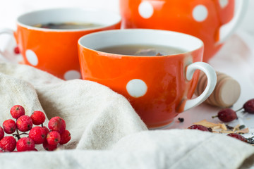 hot herbal tea in mugs on white background closeup.