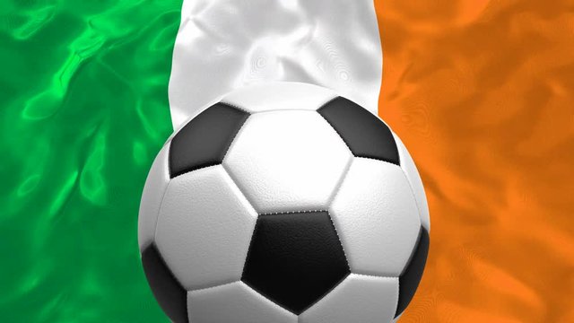 Looping 3D animation of the textured soccer ball rotating against the national flag of Ireland