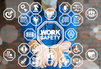 Work Safety Medicine concept. Safe Health, Security Workplace. Medical worker using virtual interface offers work safety text icon.