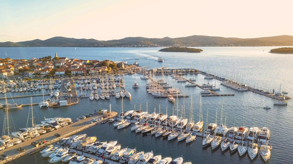 Fototapeta na wymiar Aerial View of Yacht Club and Marina in Croatia, 4K. Biograd na moru