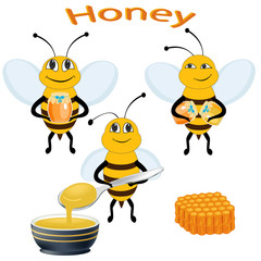 Honey and bees isolated on white background. Honeycombs, bee and honey. Vector illustration.