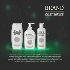 3D realistic cosmetic bottle ads template. Cosmetic brand advertising concept design with glitters and bokeh background