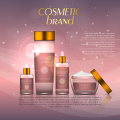 Vector 3D cosmetic illustration on a soft light background with flare effects. Beauty realistic cosmetic product design template.
