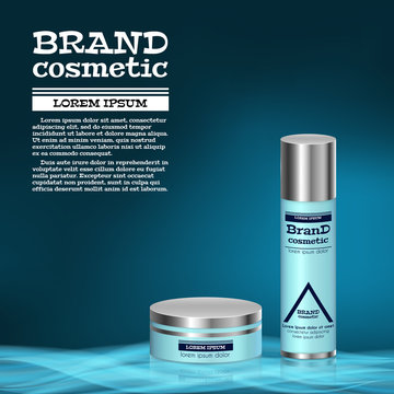 3D realistic cosmetic bottle ads template. Cosmetic brand advertising concept design with abstract glowing waves