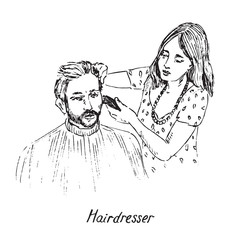 Hairdresser at work, shaving or cutting hair of young man with beard and mustache, hand drawn doodle, sketch in pop art style, black and white vector illustration