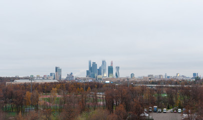 Fototapeta na wymiar November 4, 2017 Moscow, Russia. View of the business center of Moscow City about the Luzhniki stadium.