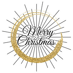 2018, Gold and black card with Merry Christmas text and glitter frame. Sparkling holiday background, vector dust border. Great for Christmas and New Year cards, invitations and posters.