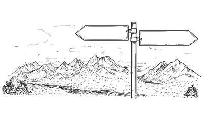 Drawing of Empty Blank Traffic Road Sign on Mountain Background