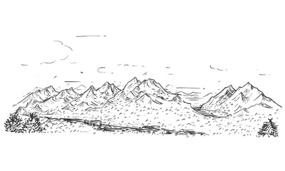 Sketchy Drawing of Mountain Hilly Rocky Landscape