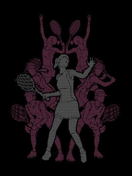 Tennis players , Women action designed using dots pixels graphic vector.