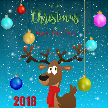 Beautiful deer in front of Christmas card. Merry Christmas and Happy New Year text for greeting card