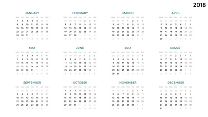 Calendar infographic, table chart, presentation chart. Business period concept. Task manager. Week, month. 2018 year. Time management. Organizer date diary. First day Monday.