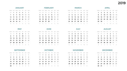 Calendar infographic, table chart, presentation chart. Business period concept. Task manager. Week, month. 2019 year. Time management. Organizer date diary. First day Monday.