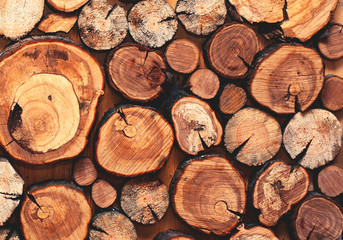 Wooden natural sawn a logs closeup, texture for background, top view, flat lay photo