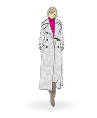 Autumn-winter 2018. Lovely girl in  coat, on white background. Vector illustration.
