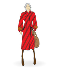 Autumn-winter 2018. Lovely girl in red coat, on white background. Vector illustration.