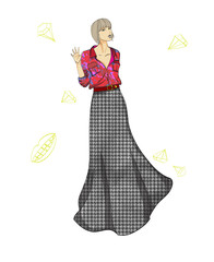 Autumn-winter 2018. Beautiful girl in skirt and blouse, on white background. Vector illustration.