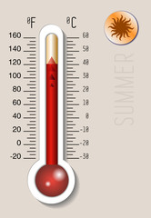 Celsius and fahrenheit meteorology thermometer measuring heat and cold, vector illustration. Thermometer equipment showing hot weather.