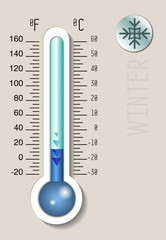 Celsius and fahrenheit meteorology thermometer measuring heat and cold, vector illustration. Thermometer equipment showing cold weather.