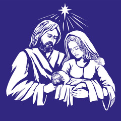 Christmas story. Mary, Joseph and the baby Jesus, Son of God , symbol of Christianity hand drawn vector illustration.