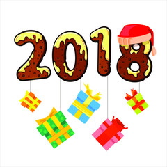 2018 New Year and Christmas numbers cookies, hat and presents, vector cartoon illustration isolated on white background