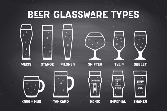 Beer glassware types. Poster or banner with different types of glass and mug for beer. Chalk graphic design on chalkboard. Poster for menu, bar, pub, restaurant, beer theme. Vector Illustration
